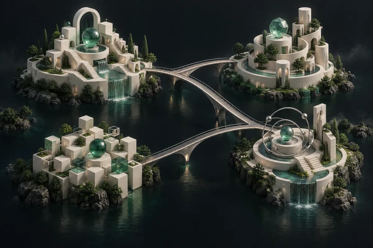 Separate architectural islands connected by bridges, representing different blockchain networks.