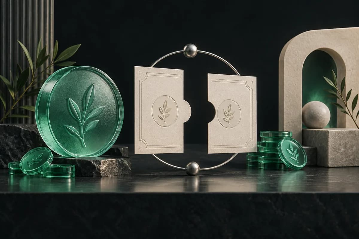 A split share certificate and smaller tokens illustrate corporate actions and reinvestment.