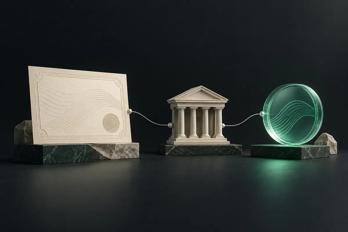 A share certificate, custodian building, and glass token connected by a silver thread.