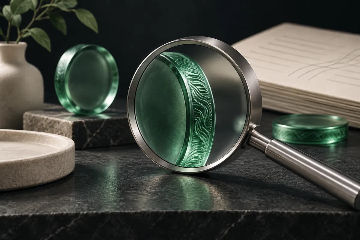 A magnifying glass examines a token beside a ledger.