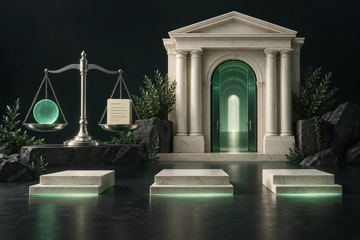 A courthouse and scales holding a token and document illustrate legal classification.